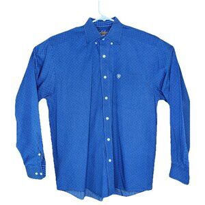 Ariat Button Down Blue Shirt Men's Medium Box Rose Pattern Long Sleeve Button Up